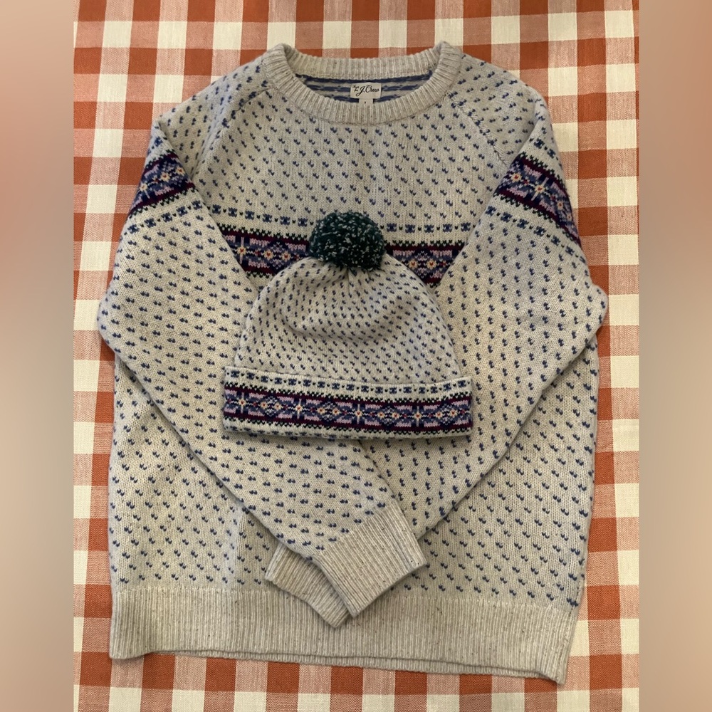 J. Crew Mens Wool Fair Isle Sweater Size Large and Matching Pom Beanie.